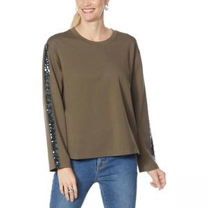 g‎ by GIULIANA Ponte Long Sleeve Sweatshirt with Sequin Trim XS Dark Olive Green